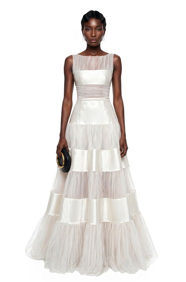 Eloise White Mesh Panel Maxi Dress with Satin Stripes