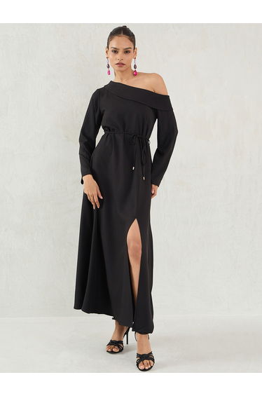 Black One Shoulder Slit Detail Maxi Dress