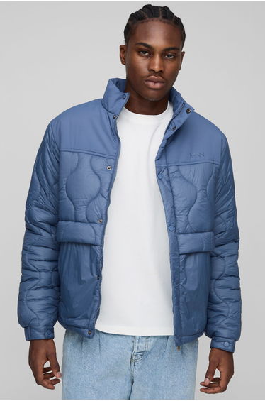Regular Fit Onion Quilted Panel Funnel Neck Jacket - slate blue