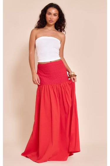Red Textured Drop Waist Lightweight Woven Maxi Skirt