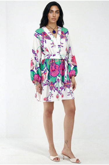 MSN Floral V-Neck A-Line Mini Dress with Belt