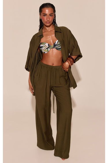 Khaki Linen Look Drawstring Beach Trousers