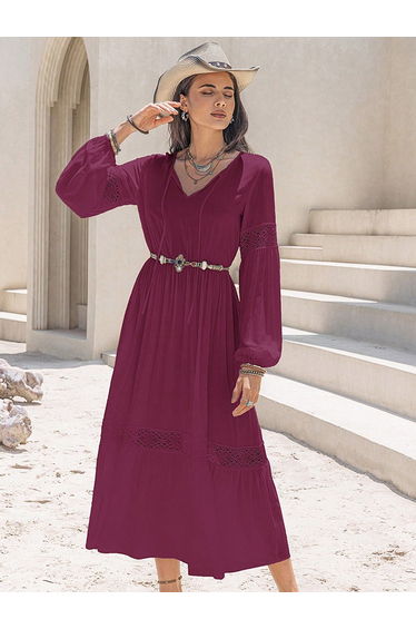 Women Solid Tie-Up Neck Lace Detail Midi Dress