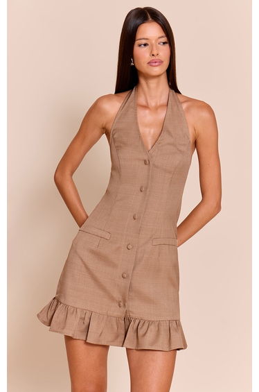 Mushroom Tailored Woven Button Down Frill Hem Shift Dress