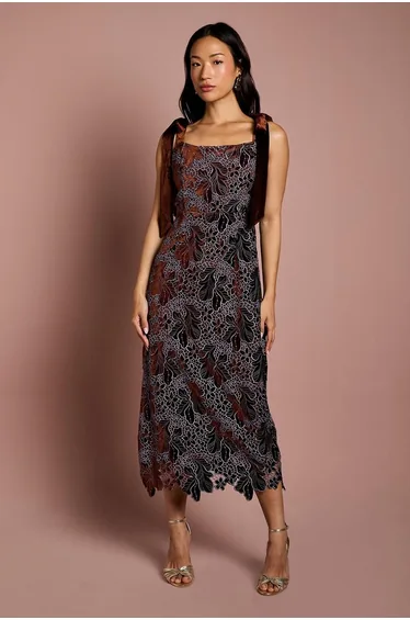 Cut Out Velvet Lace Tie Shoulder Column Midi Dress