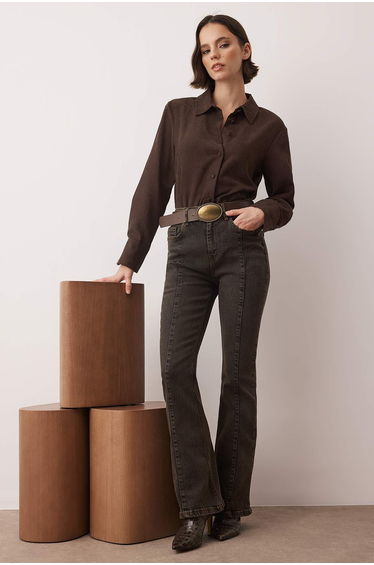 Brown high waist stitch detailed flare jeans