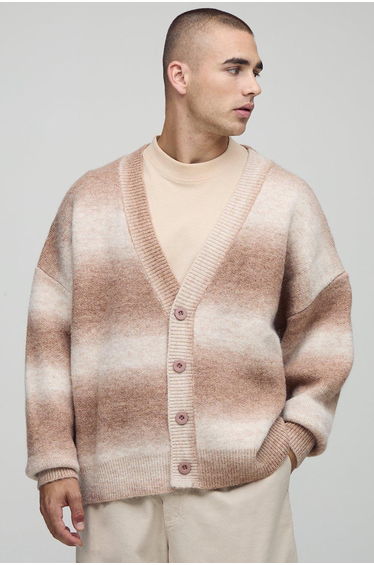 Oversized Boxy Fit Ombre Stripe Knitted Cardigan - brown