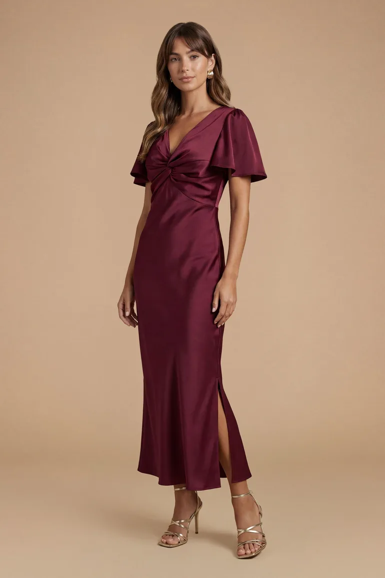 angel sleeve twist-front midi dress Navy Oasis Petite Satin Twist Angel Sleeve Midi Bridesmaid Dress