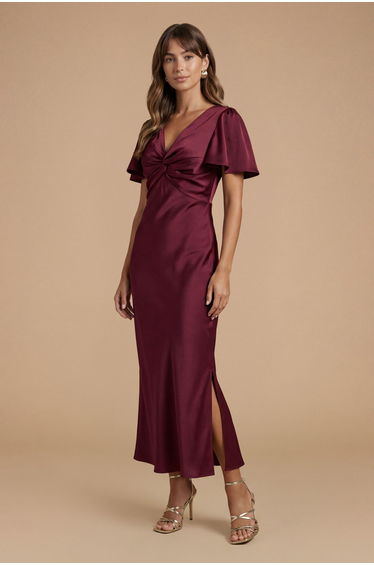 Wine Satin Twist Front Angel Sleeve Midi Dress