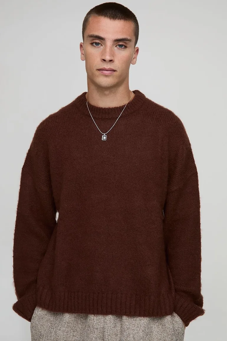 Boxy Fit Brushed Extended Neck Knitted Jumper - chocolate
