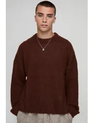 Boxy Fit Brushed Extended Neck Knitted Jumper - chocolate
