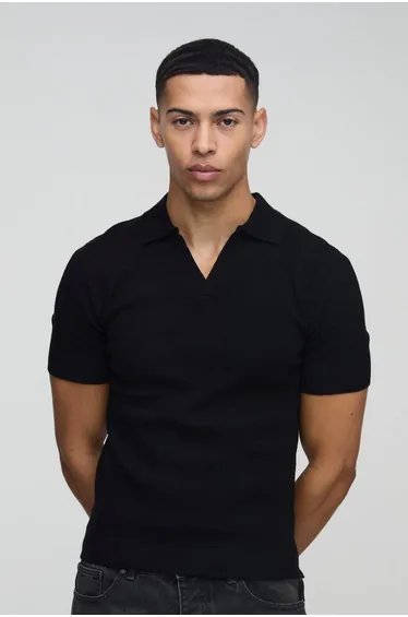 Muscle Fit Revere Collar Knitted Polo
