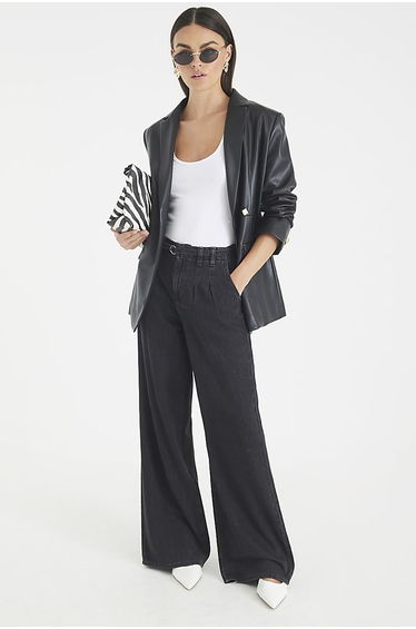 Black Mid Rise Wide Leg Tie Front Jeans