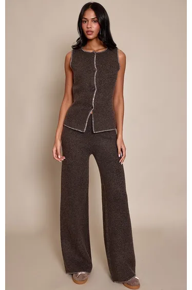 Tall Chocolate Brushed Wool Knit Blanket Stitch Waistcoat