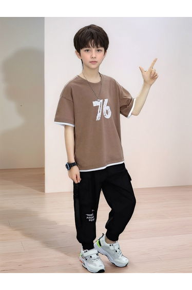 Boys Beige Number Print T-Shirt and Pants Set