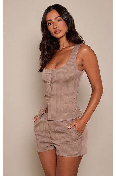 Petite Taupe Pinstripe Tailored Button Up Waistcoat