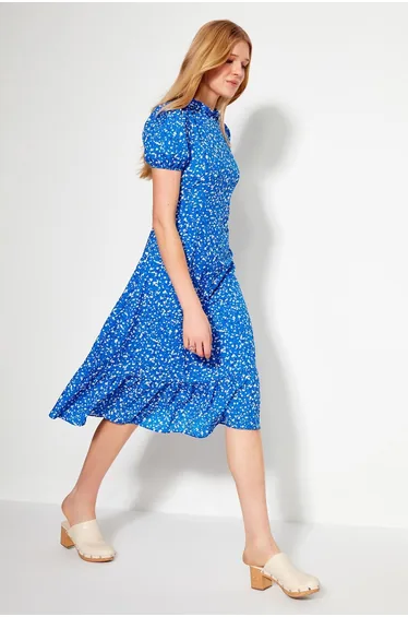 Blue Pleated A-Line Midi Dress