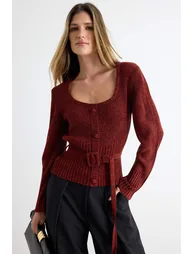 Burgundy Special Yarn Chenille Belt Detailed Knitwear Sweater - 1
