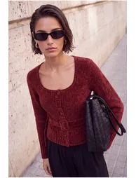 Burgundy Special Yarn Chenille Belt Detailed Knitwear Sweater - 2