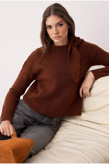 Brown Shawl Detailed Knitwear Sweater