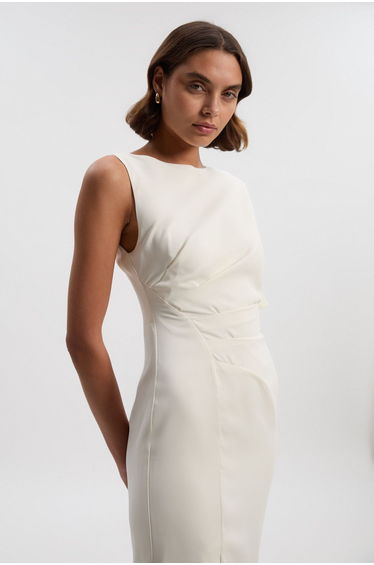Soft Tailored Asymmetric Sleeve Midi Dress