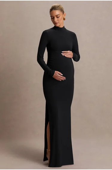 Alejandra | Black Maternity Long Sleeve High Neck Maxi Dress