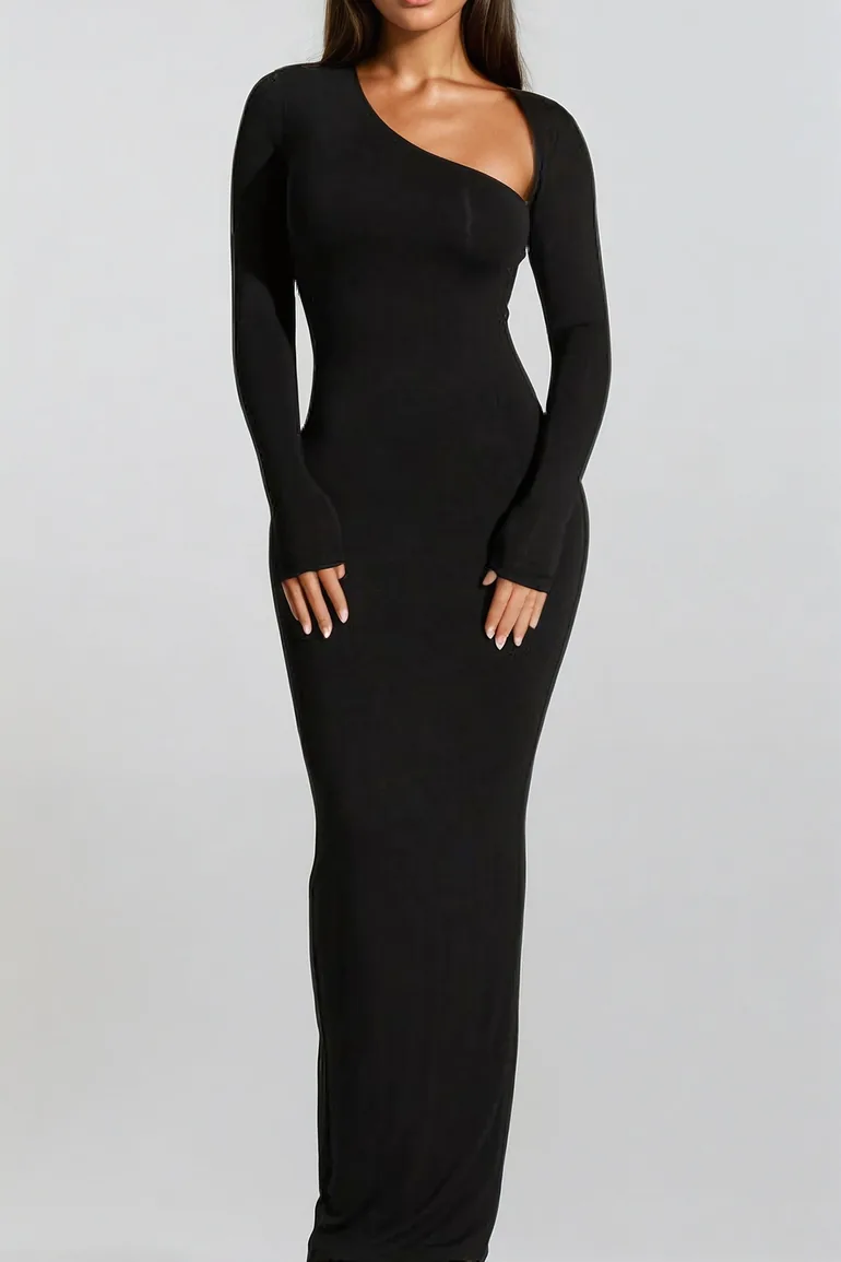 Asymmetrical Neck Slit Maxi Dress - 1