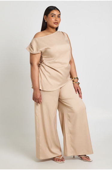 Plus Woven Elasticated Wide Leg Trouser - stone