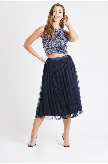 Val Tulle Midi Skirt in Navy