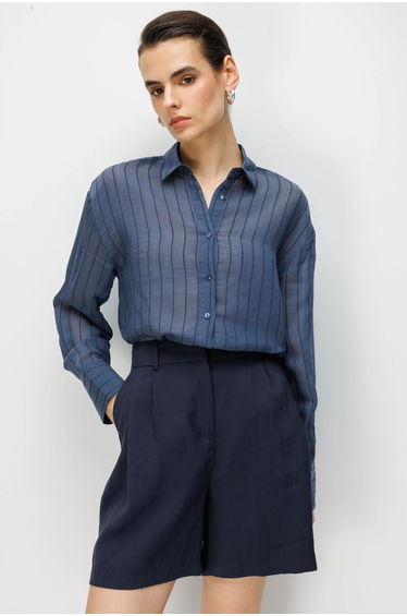 MIXRAY Striped Button-Up Shirt with Shirt Collar