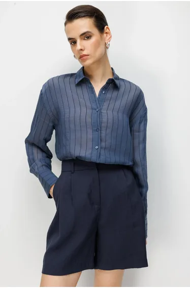 MIXRAY Striped Button-Up Shirt with Shirt Collar