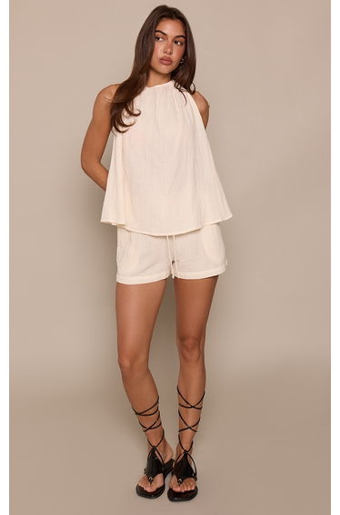Ecru Textured Linen Look Wide Leg Trouser