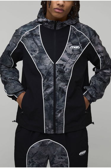 Regular Fit Nylon Camo Colour Block Piping Hooded Track Jacket - camo