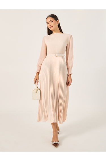 Accordion Pleated Cuffed Sleeves A-Line Midi Dress
