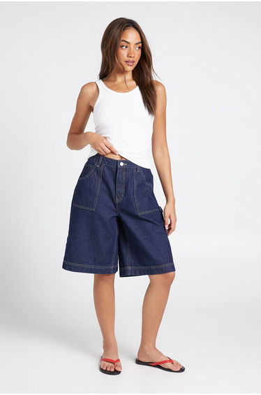Mid Waist Denim Cargo Jort - indigo