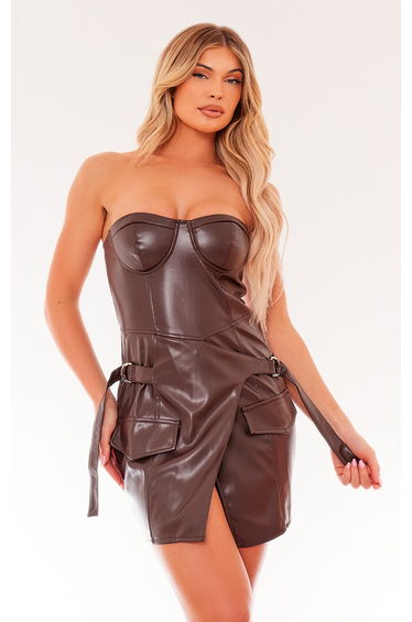 Chocolate Brown Faux Leather Buckle Wrap Over Bandeau Dress