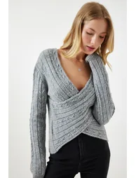 Women's Gray Wrapover Neck Seasonal Knitwear Sweater