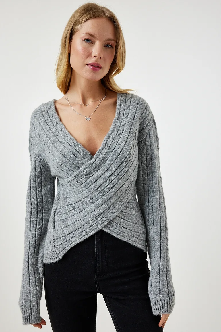 Women's Gray Wrapover Neck Seasonal Knitwear Sweater - 1
