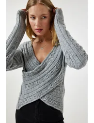 Women's Gray Wrapover Neck Seasonal Knitwear Sweater - 2