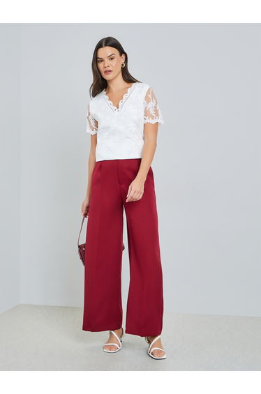 Women White Floral Lace Short Sleeve Top