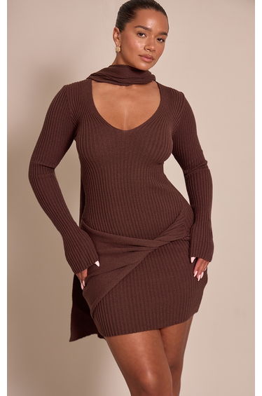 Shape Chocolate Plunge Neck Scarf Detail Knitted Mini Dress
