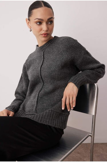 Anthracite Soft Texture Wide Pattern Stitch Detailed Knitwear Sweater