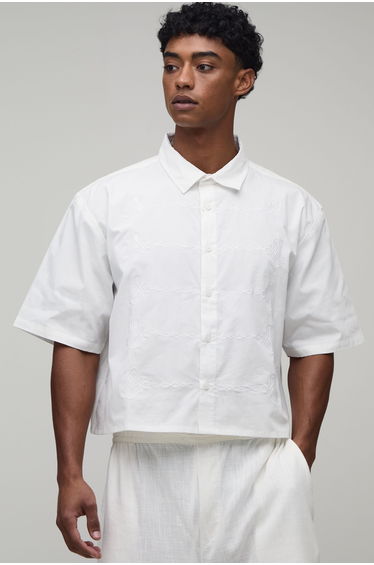 Boxy Crop Half Sleeve Military Embroidered Front Shirt - white