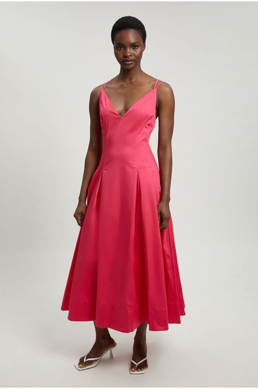 Cotton Sateen V Neck Maxi Dress