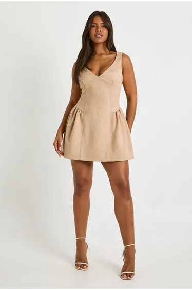 فستان قصير شمواة صناعي - بيج
