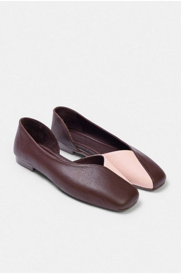 Brown Genuine Leather Contrast Women's Ballerinas