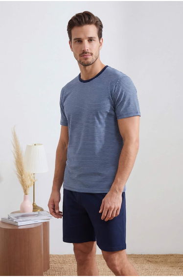 Navy Blue Regular Fit Striped Cotton Pajama Set