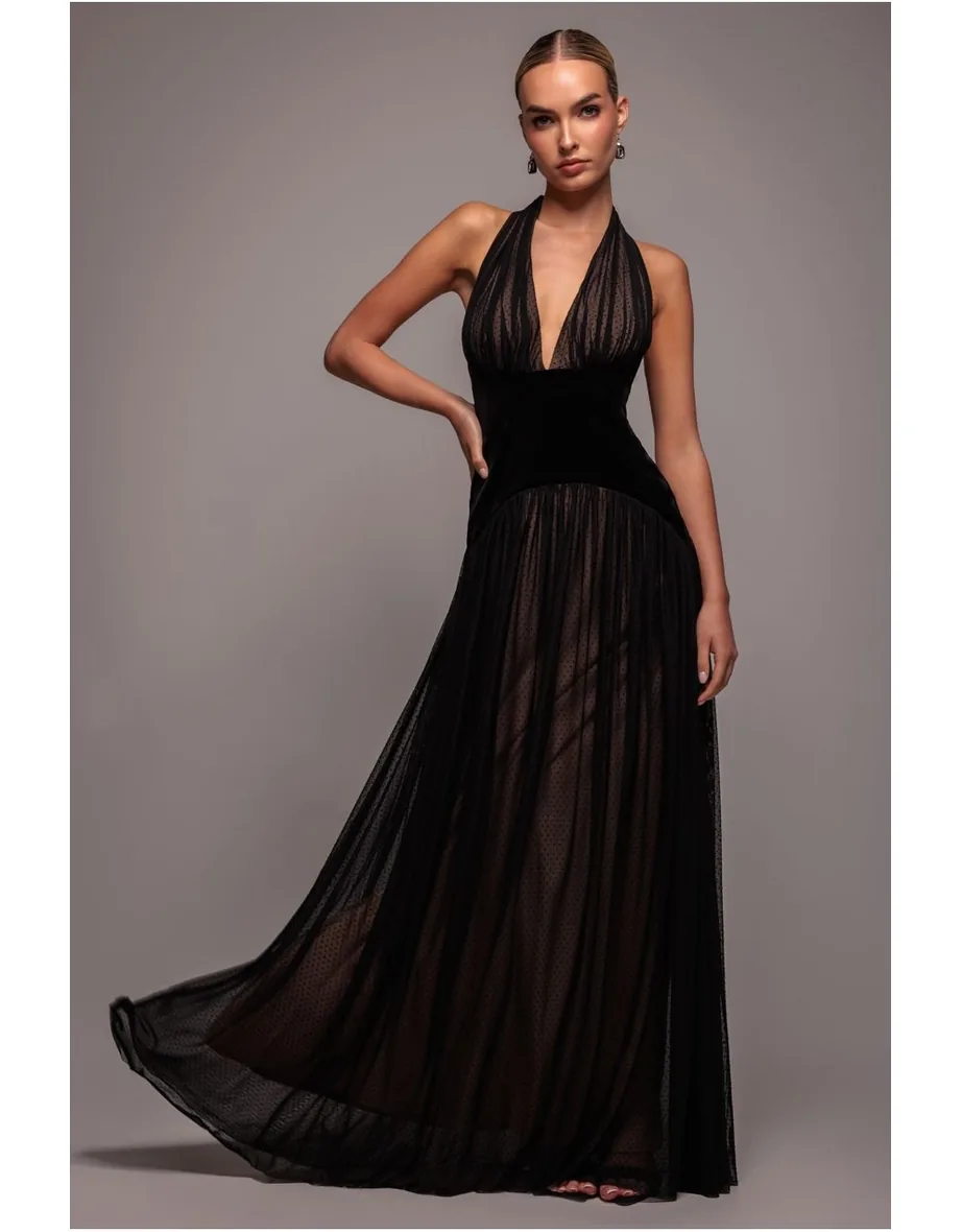 dobby mesh open back halter dress Velvet And Dobby Mesh A Line Halter Maxi Dress