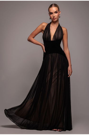 Velvet And Dobby Mesh A Line Halter Maxi Dress - Black by Goddiva