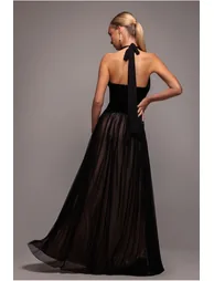 Velvet And Dobby Mesh A Line Halter Maxi Dress - Black by Goddiva - 1